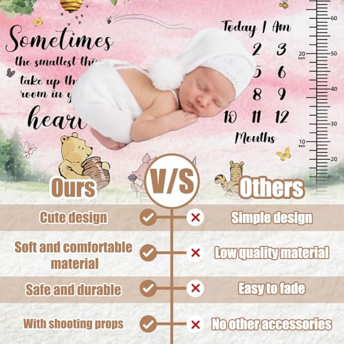 Image of Winnie Quotes Milestone Blanket for Baby, Pink Baby Blanket Growth Chart, Newborn Photography Background Decor, with 8pcs Double-sided Printed Holiday Cardstock 30*40in, Christmas Decor Photo Gift