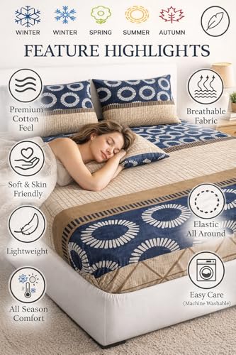 Image of Premium Glace Cotton Fitted King Size Bedsheet - 180 TC Soft Touch, Deep Pocket Snug Fit for 8 inch Mattress, Wrinkle-Free Bedspread with Pillow Covers Brown Check