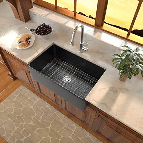 Free Shipping Over $50 Black Farmhouse Sink - Sarlai 33 Inch Kitchen Sink Apron Front Matte Black Fireclay Ceramic Porcelain Single Bowl Kitchen Farmer Sink Basin