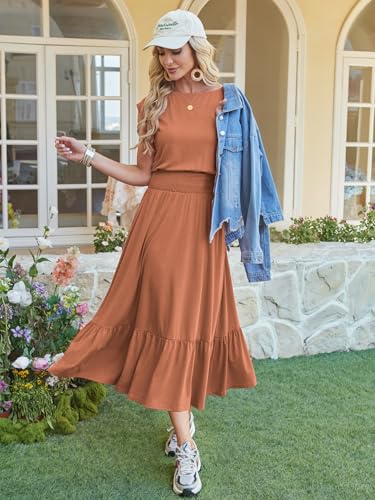 Image of Kikibell Womens Summer Dresses Cap Sleeve Elastic Waist Midi Dress with Pocket Long Causal Sundress Beach Vacation Outfits