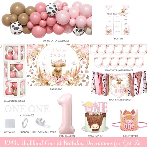 Costova Highland Cow 1st Birthday Decorations for Girls, Boho Highland Cow First Birthday Party Decorations, Holy Cow Im One Backdrop Balloon Box Banner, Bohemian Pink Floral One Year Old Birthday