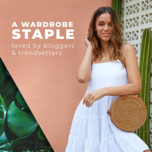 Image of Novum Crafts Round Rattan Bag for Women - Handmade Ata Wicker Woven Purse - Circle, Square, Oval Brown Straw Boho Bags