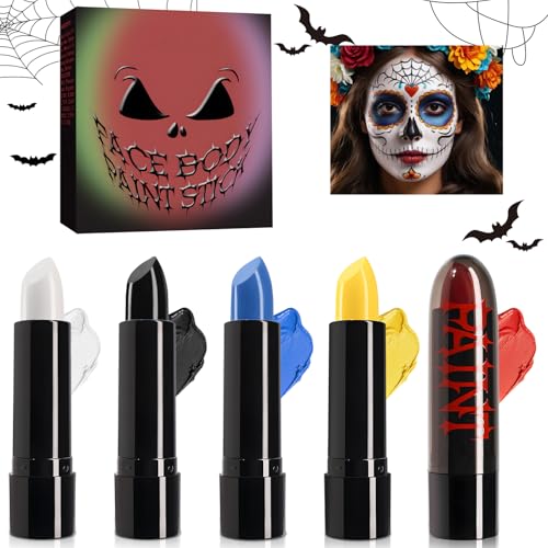Tinta para o rosto Halloween, maquilhagem de Halloween preto e branco, pintura facial Halloween maquilhagem Joker vampiro, ideal para carnaval, cosplay, palhaço e jogos de RPG, 5 peças