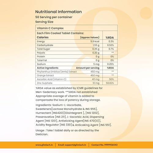 Image of GLIMLACH Vitamin C Complex Tablet with Amla & Zinc for Men and Women - Supports Energy, Immunity, Antioxidant, Essential Nutrient Formula for Dietary Intake, Vitamin C Amla Zinc Nutrition Addition