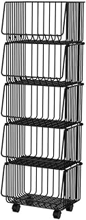 5 Tier Stackable Fruit Vegetable Storage Cart Basket for Kitchen, Wire Storage Basket with Wheels, Vegetable Basket Bins Rack for Onions and Potatoes, for Kitchen, Pantry, Bathroom, Garage, Black ( Si