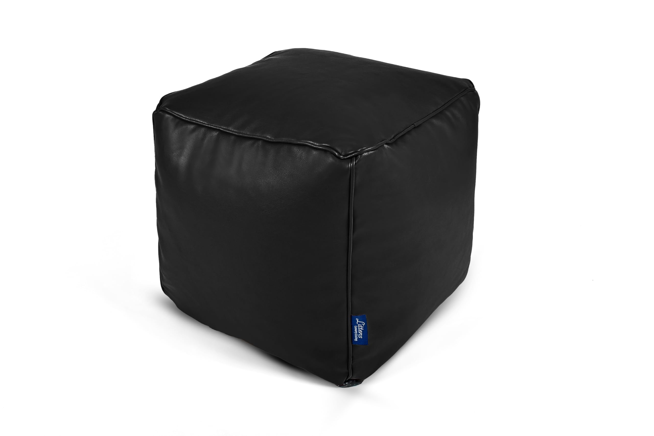 Littens Black Soft Faux Leather Square Cube Footstool Ottoman Pouffe Bean Bag, Living Room Decorative Seat, Piped Detailing (41cm x 41cm x 41cm) — image 1