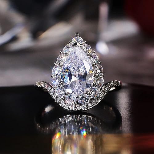 925 Sterling Silver Creative Pear Shape Drop Ring Women's AAA Pear Cut Teardrop Shaped Cubic Zircon Solitaire Ring CZ Diamond Ring Eternity Engagement Wedding Women's Promise Ring 6102