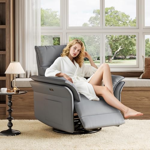 Image of GarveeHome Power Recliner Chair Swivel Glider Upholstered Faux Leather Nursery Rocker Reclining Sofa Chair with Charging Port, Curved Armrests & Padded Backrest (Gray)