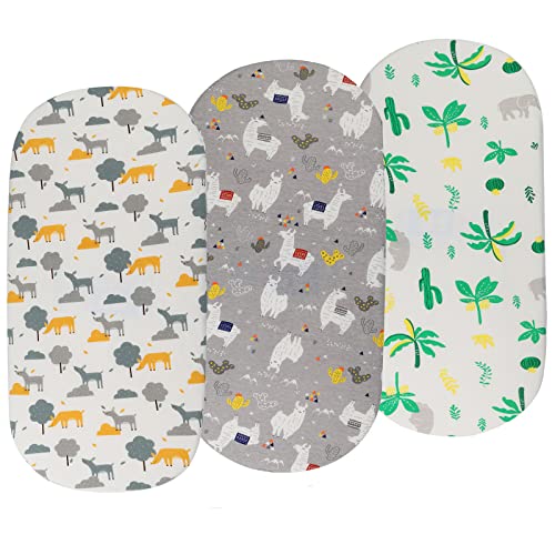 Image of Bassinet Fitted Sheet Set 3 Pack for Boys/Girls - Super Soft Jersey Cotton Sheets Universal for Oval, Rectangle or Hourglass Bassinet Mattress, Llama Deer Elephant Coconut Tree and Leaf Pattern
