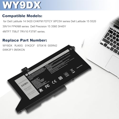 Image of 42Wh WY9DX Battery Replacement for Dell Latitude 14 5420 15 5520 Precision 15 3560 Series P137G P137G001 P104F P104F001 P104F002 1K2CF 01K2CF M3KCN 75X16 075X16 WK3F1 005R42 0WK3F1 0M3KCN