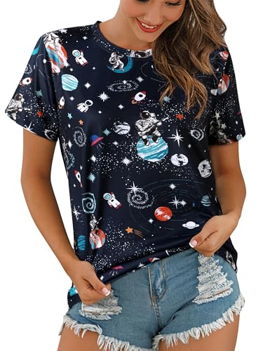 Ezcosplay Women Short Sleeve Space Shuttle Astronaut Universe Galaxy T-Shirt Graphic Shirt Casual Tee Tops