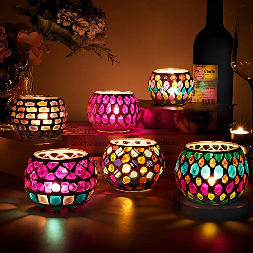 Toptime Tea Light Candle Holders, Set of 6 Mosaic Glass Candle Holder Coloured Tealight Holders - Image 4