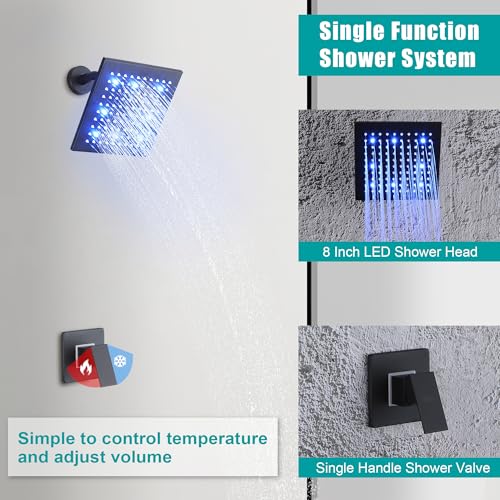 SKOWLL Juego de Grifería para Ducha Negro Mate, Montaje en Pared, Cabezal de Ducha LED de 8 Pulgadas, Kit con Válvula de Una Función miniatura 3