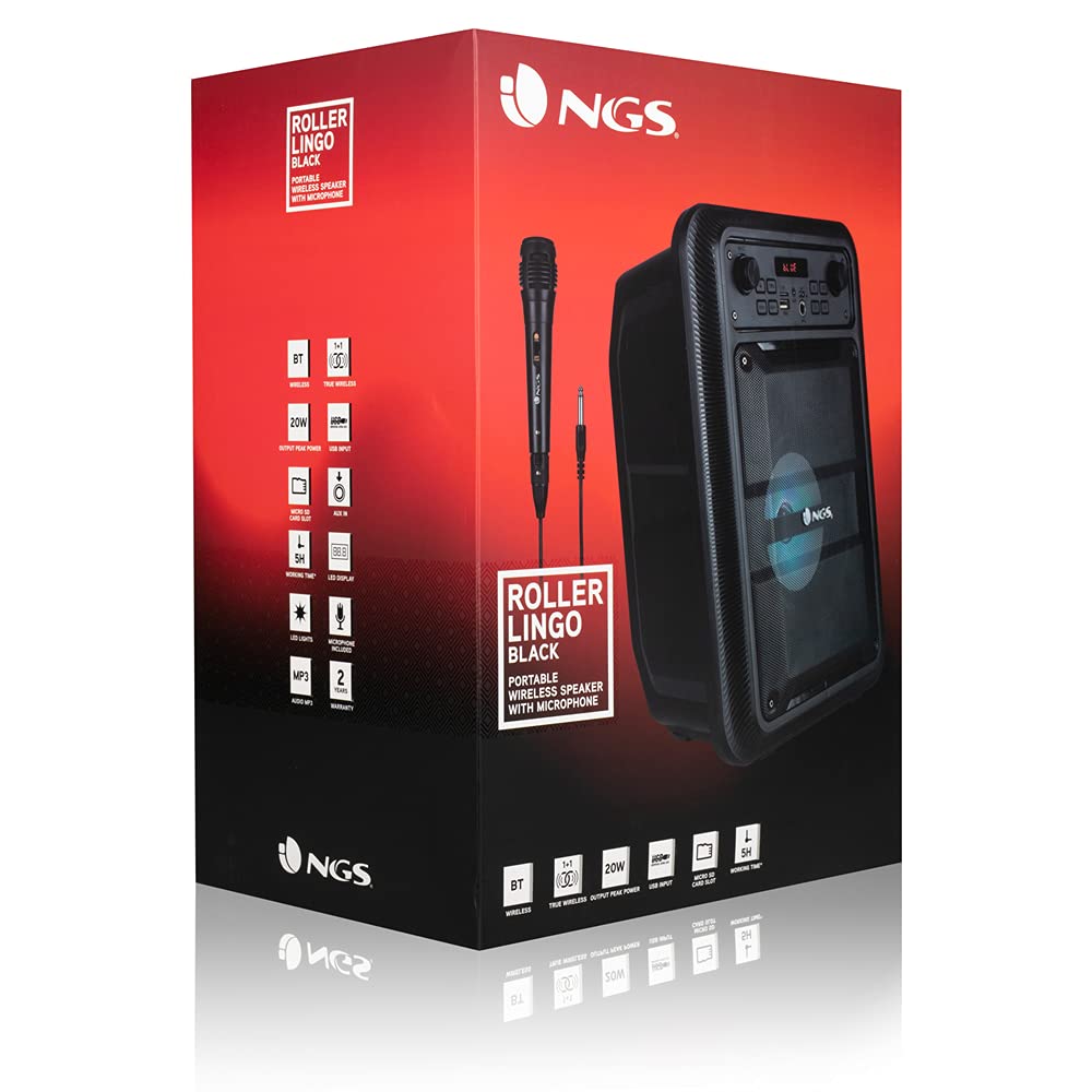 NGS ELEC-SPK-0537 Roller Lingo Black - Altavoz Portátil de 20W Compatible con Tecnología Bluetooth 5.0 y True Wireless Stereo (USB/ AUX/ Micro SD) Incluye micrófono, Color Negro