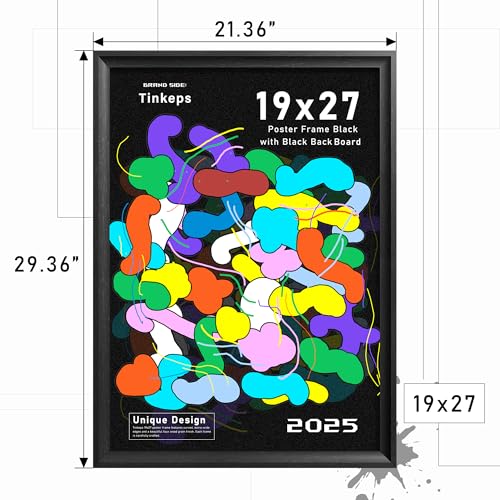 Image of 19x27 Picture Frame Black with Black Backboard, Wooden Curved Extra Wide Edges Puzzle Frame, Vintage Style Poster Frame 19x27 for Wall Decor.