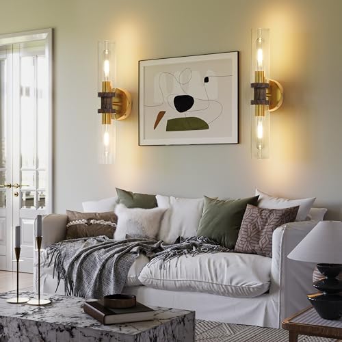 Image of Rayogale Gold & Walnut Wireless Battery Operated Wall Sconce with Remote | Dimmable Rechargeable Wall Lights Set of 2, Timer, No Hardwire, Touch Control, 8000mAh, 3000K, Glass, Emergency, 16.5 Inch