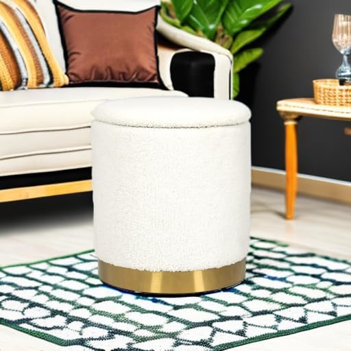 Joveco Boucle Round Ottoman with Storage,Vanity Stool with Storage for Bedroom, Ottoman Coffee Table,Small Boucle Foot Stool for Living Room, White with Gold Plating Base - Image 2