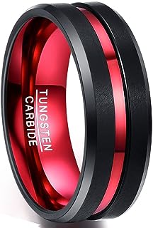 8mm Men's Tungsten Rings Black Red/Blue/Rose Gold Grooved Center Matte Finish Wedding Band Polished Beveled Edges Size 4 to 16