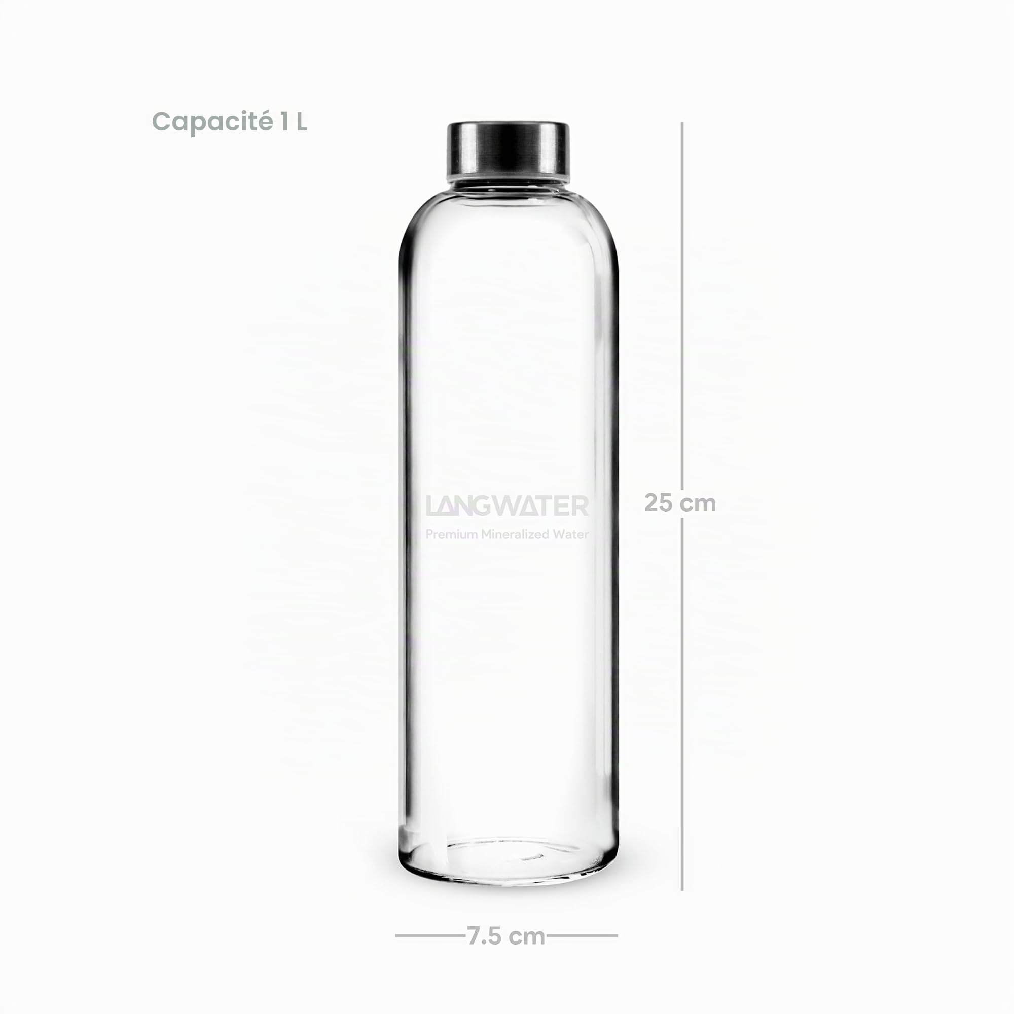 LANG WATER Lot de 2 bouteilles d'eau en verre avec bouchon en métal – 1 l (lot de 2) – Carafe polyvalente en verre pour boissons chaudes/froides