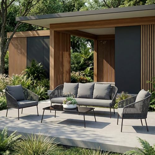 Image of OUTLIVING Outdoor Sofa Set | Balcony Sofa | Patio Furniture Sets | Conversation Sets | Braid & Rope Garden (5 Seater- Grey.)