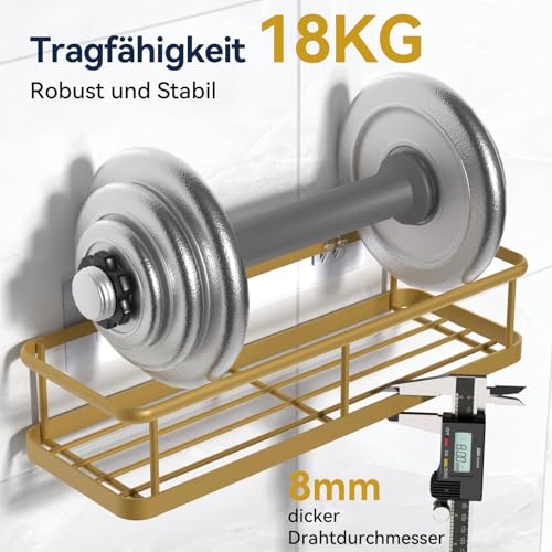YASONIC Duschablage Ohne Bohren, 2 Stück Rostfreie Badezimmer Organizer, Schnelltrocknender Duschregal Ohne Bohren, Große Kapazität Shampoo Halterung für Dusche mit 2 Haken, Large Gold