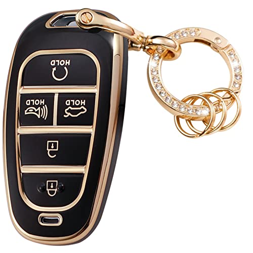 WSAuto for Hyundai Key Fob Cover Soft TPU Protection Car Key Case Shell with Fashion Gold Bling Keychain Compatible with 2020-2023 Sonata Santa fe Tucson Keyless Entry Smart Key Black