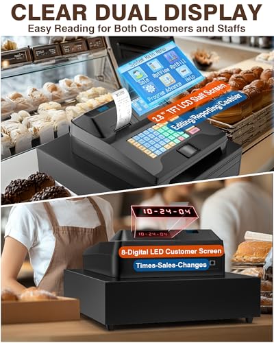 Image of PYY Cash Register for Small Businesses - Commercial Electronic Caja Registradora para Negocio with Black Large Lock Cash Drawer Box, 8 Digital Dual Display Retail System for Restaurant Supermarket
