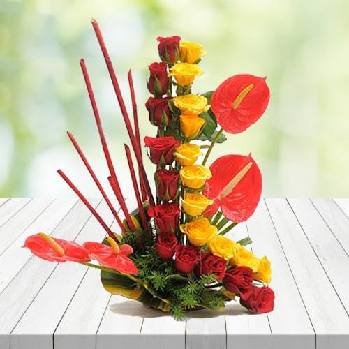 Exquisite Arrangement of Red N Yellow Roses with Anthurium For Anniversary Gift, Birthday Gift, Wedding Gift, Congratulations Gift, Mother's Day Gift (Same Day Delivery)-image-2