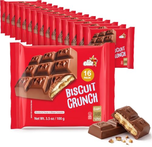 Elite Biscuit Crunch Chocolate Bar, 3.5 oz (16 Pack) | Crunchy Biscuit Center with Smooth Chocolate Coating | Individually Wrapped Chocolate Snack Bar | Product of Israel