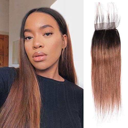 1B/30 Ombre Brazilian Hair Straight Black to Dark Brown Silky Straight Virgin Human Hair Free Part Lace Closure with Baby Hair 12inch