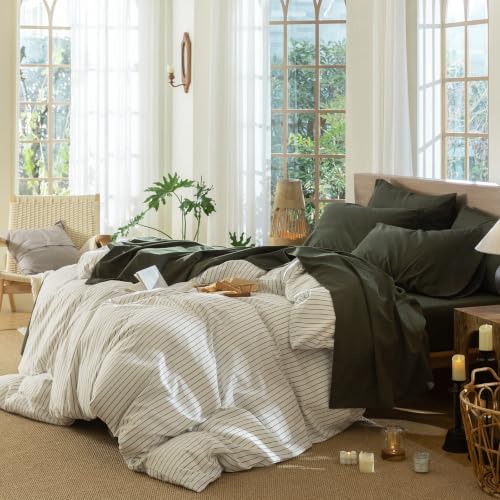 Image of MooMee Sheet Set 100% Washed Cotton Linen-Like Extra Deep Pocket Queen | Relaxed Linen-like Texture. Soft, Breathable & Lightweight Comfort. 15-19 inch Extra Deep Pocket with All-around Elastic