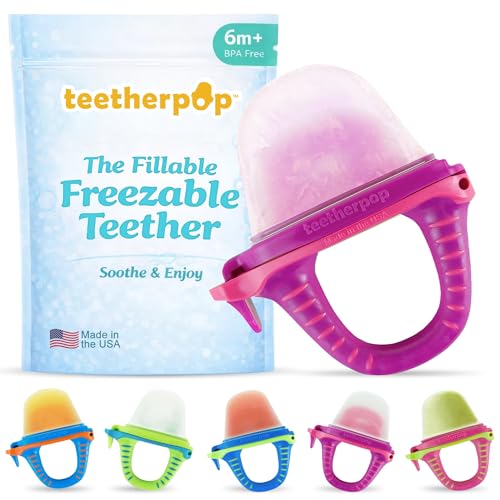 Image of Teetherpop Fillable Freezable Teethers for Babies - Breastmilk Teether with Spill-Proof Sippy Slits - Teething Popsicle for Baby, Liquids & Purees, Cooling Teething Relief Feeder Pacifier - Fuchsia