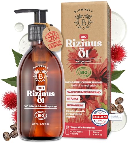 BIONOBLE Rizinusöl Kaltgepresst Bio - 100{138258264dc6067e9c7d8e581fe6905009030689c71e2d1c1d0867c339e3d5c1} Natürlich, Ohne Hexan - Wachstumsfördernd, Repariert - Rizinusöl Bio Haare, Wimpern, Augenbrauen, Haut - Castor Oil - Glasflasche mit Pumpe - 200ml BIONOBLE Rizinusöl Kaltgepresst Bio - 100{138258264dc6067e9c7d8e581fe6905009030689c71e2d1c1d0867c339e3d5c1} Natürlich, Ohne Hexan - Wachstumsfördernd, Repariert - Rizinusöl Bio Haare, Wimpern, Augenbrauen, Haut - Castor Oil - Glasflasche mit Pumpe - 200ml
