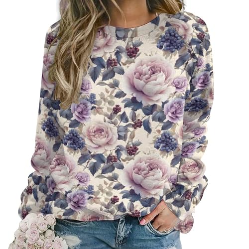 TZTTZT Sudadera con estampado de flores rosas y arándanos para mujer, cuello redondo, para otoño e invierno, a la moda, tops de manga larga 2025, Varios colores, Large