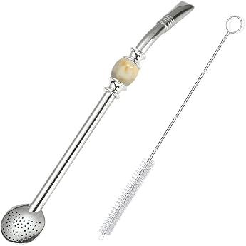 Reusable Bombilla Yerba Mate Straw with Removable Spoon Filter - Stainless Steel Beautiful Pearl - Ideal for Loose Tea Coffee Cocktails - Includes Cleaning Brush - Tea Accessories