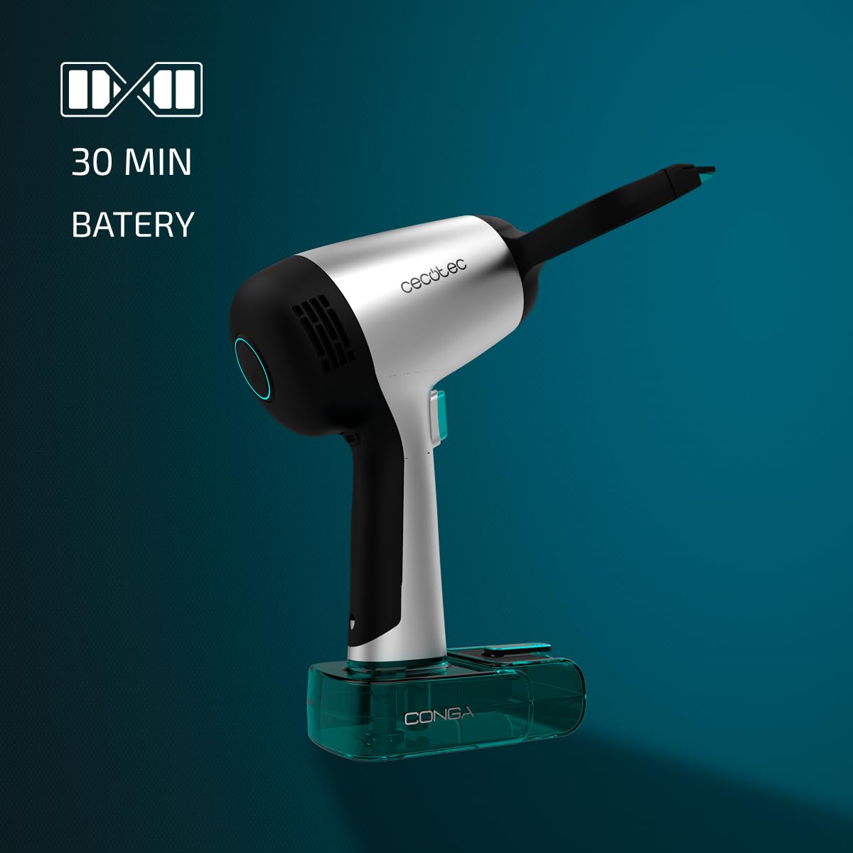 Cecotec Nettoyeur de vitres sans fil Conga Rockstar 3700 Glass. 15 W, pulvérise, nettoie et aspire, autonomie de 30 min, buse de 220 mm, réservoir de récupération d’eau, 75 m²