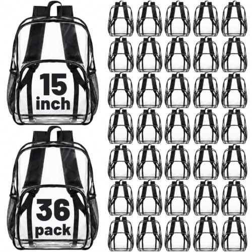 Image of Amylove 36 Pcs Clear Backpack bulk for Stadium Events Heavy Duty PVC Transparent Bookbag for College Workplace Security (15 Inches,Black)
