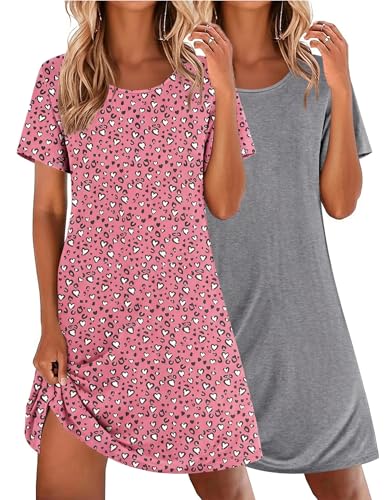 Image of Ekouaer 2 Pack Tshirt Nightgowns for Women Sleepshirt Short Sleeve Night Shirts Soft Sleepwear Night Dress (Pink Heart+Light Grey, XXL)