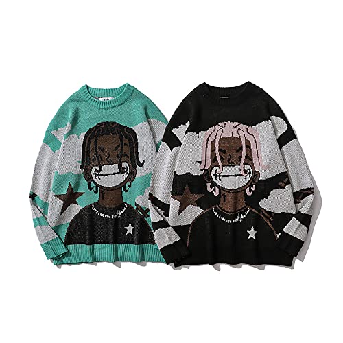 Men Oversized Knitted Sweater Pullover Black Japanese Anime Cartoon Print3