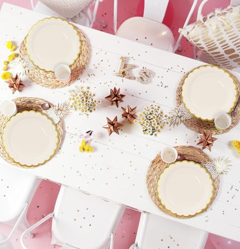Image of HEIPINIUYE 50 Pieces Ivory Paper Plates with Gold Foil 9 Inch Disposable Ivory Scalloped Dinner Plates for Wedding Baby Shower Birthday Party Dessert Plate