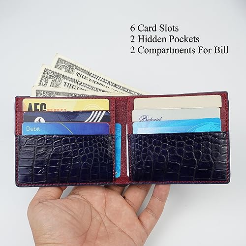Image of HATA Navy Blue Red Exotic Bifold Wallet for Men, Billfold with Mixed Leather Interior, RFID Blocking Card Holder, Handmade Gift for Birthday, Anniversary, Father's Day VIMIX-42