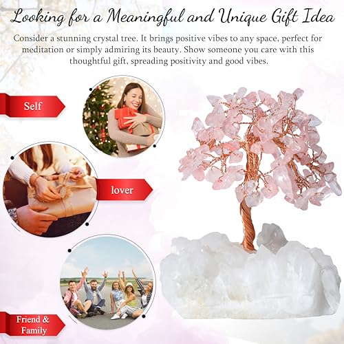 Image of Crocon Rose Quartz Crystal Tree with White Aura Base Tree of Life Decor | Bedroom, Birthday Gifts for Women, Mom Sister Gift, Healing Crystals Cute Home Office Decor Spiritual Housewarming Present