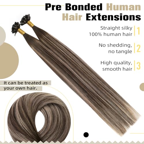 Ugeat Ash Brown Utip Human Hair Extensions Balayage U Tip Hair Extensions Real Human Hair Dark Brown Mix Ash Brown Balayage Natural 18 Inch 50g 50s - Image 3