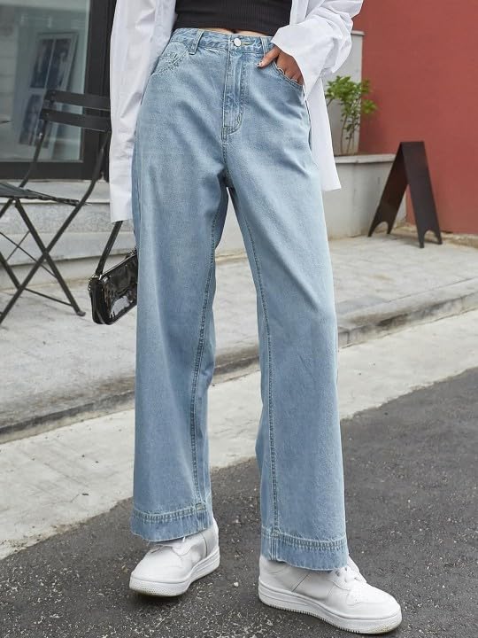 Image of GRECIILOOKS Women's Regular Fit High Rise Jeans | Pant | Baggy High Waist | Bell Bottom | Casual Straight Fit Trousers with Utility Pocket Design