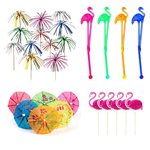 80 piezas de decoración de cóctel con palos de cóctel flamencos, palitos de bebida de paraguas de papel, palitos de fuegos artificiales brillantes, palos de cóctel de flamencos, paquete de fiesta Cover