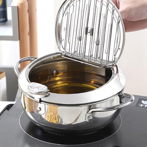 Deep Fryer Pot, Stainless Steel Frying Chicken French Fries Pot with Thermometer Control and Lid Japanese Style Fryer Tempura Frying Pan Oil Drip Drainer Rack Induction Cooker, Silver
