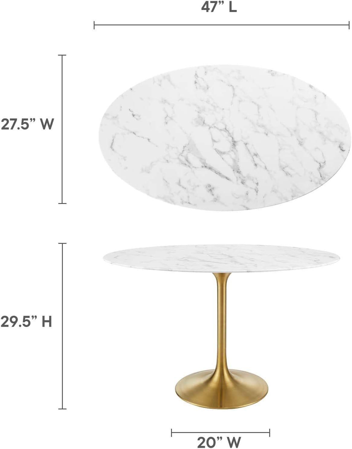 Mid-Century Modern 48" Oval Marble Top Dining Table in Gold