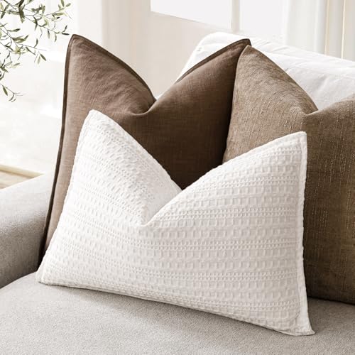 Image of Foindtower Set of 2 Decorative Cotton Waffle Weave Lumbar Throw Pillow Covers Euro Shams Cushion Covers Accent European Pillowcase for Bed Couch Bedroom Living Room Home Decor 12x20 Inch Cream White