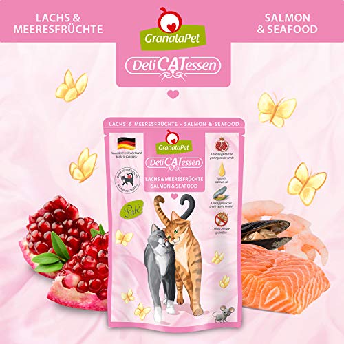 GranataPet DeliCatessen Lachs & Meeresfrüchte, Nassfutter für Katzen, Katzenfutter für Feinschmecker, Futter ohne Getreide & ohne Zuckerzusätze, 6 x 85 g