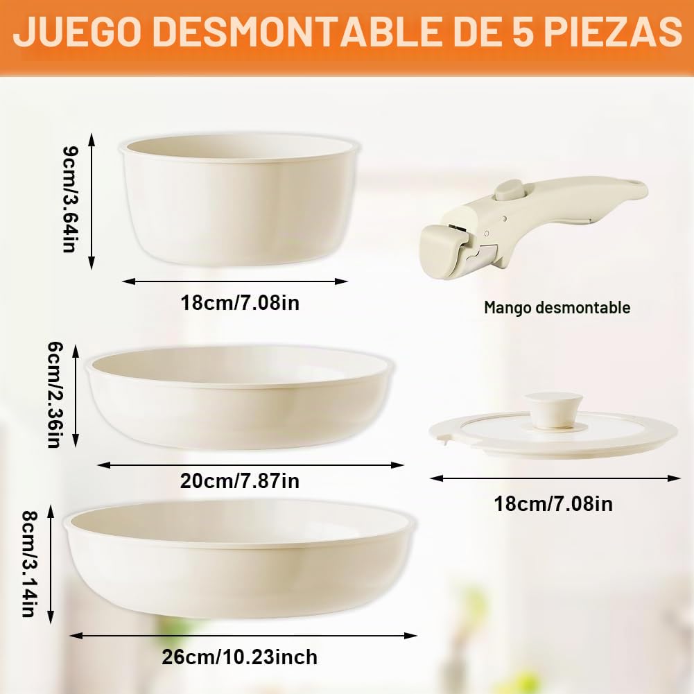 Juego de ollas de cerámica de 16/18/20 cm con mango extraíble y tapa 3 en 1, olla antiadherente de inducción para todo tipo de cocinas, apta para horno, apta para lavavajillas, juego de ollas que